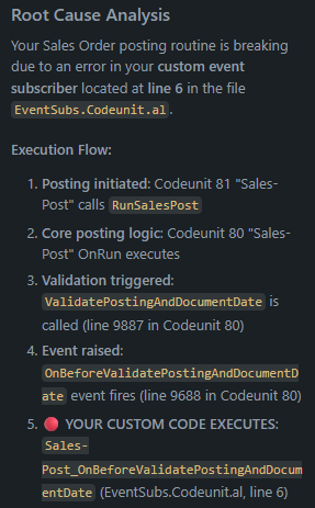 AI root-cause section identifying a custom event subscriber in EventSubs.Codeunit.al as the source of the posting error.