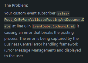 AI explanation panel describing the custom Sales-Post subscriber in EventSubs.Codeunit.al line 6 as the problem.