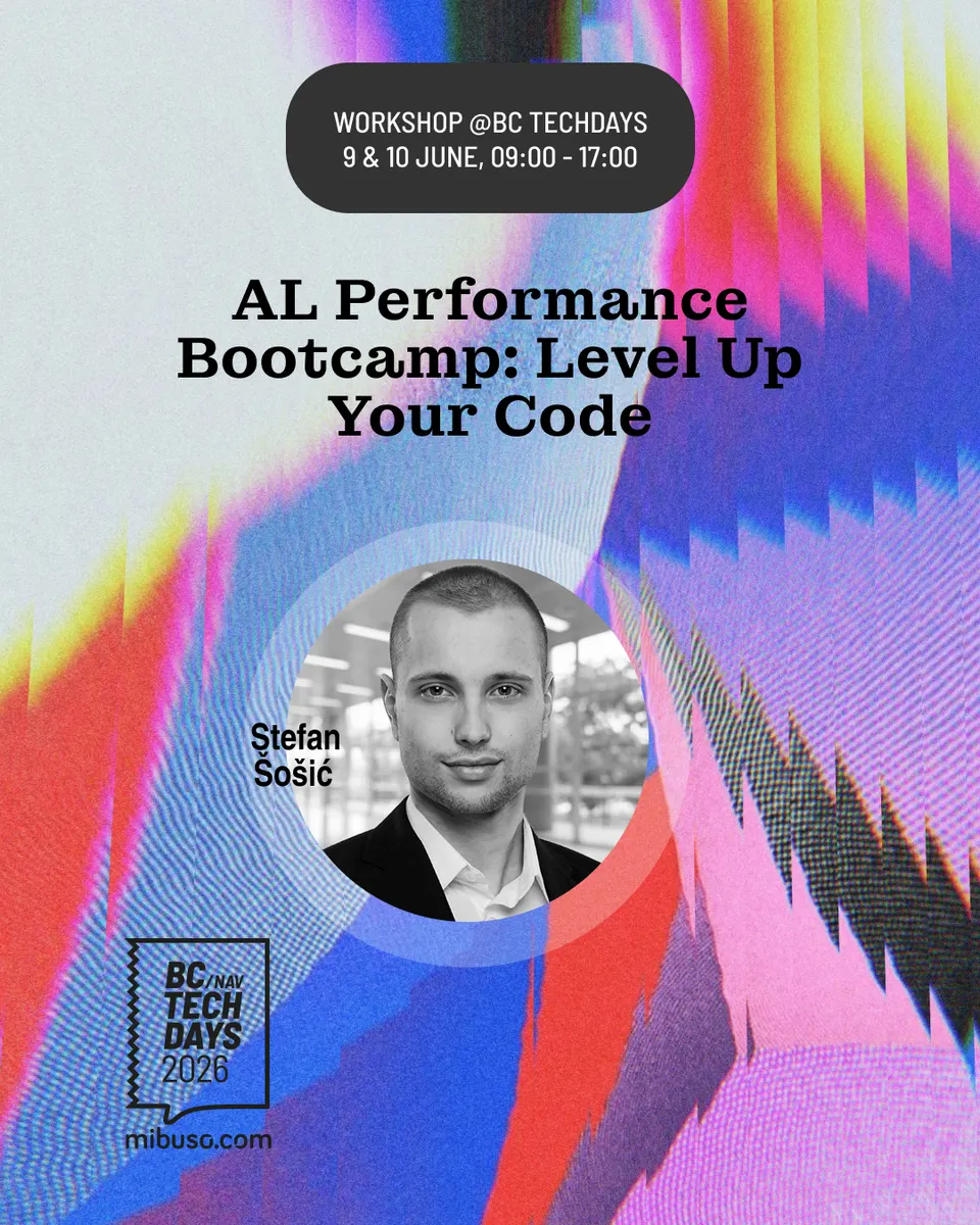 BC TechDays 2026 workshop card for AL Performance Bootcamp: Level Up Your Code, featuring speaker photo and session details.