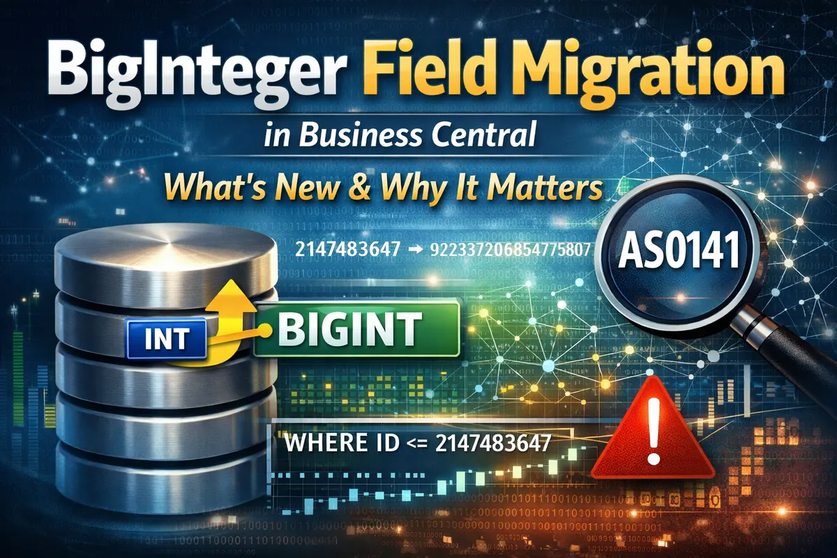 Blog title card with a database icon reading Integer to BigInteger Field Migration in Business Central.