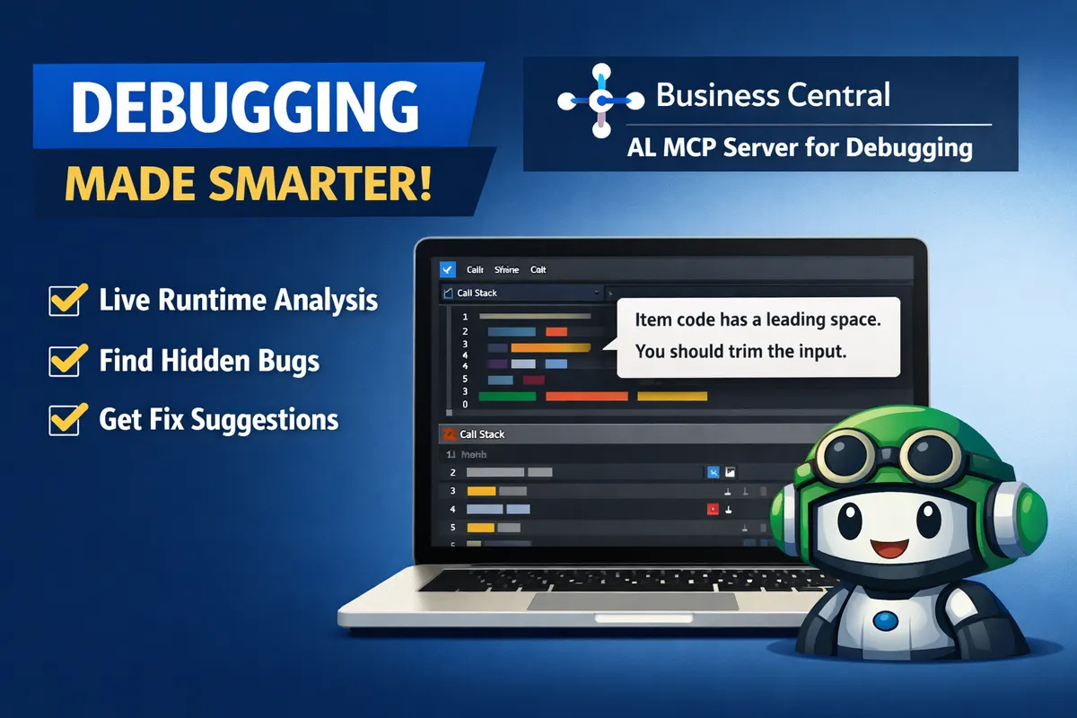 Blog title card with a bug/debug icon reading Simple AL Debugging via MCP Server.
