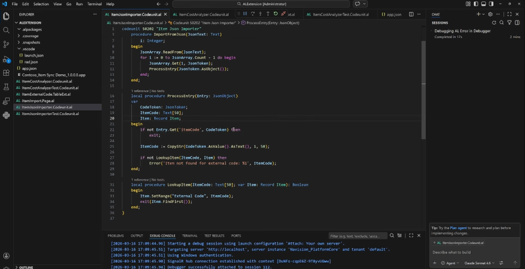 VS Code with AL Item Json Importer code open and debugger session attached.