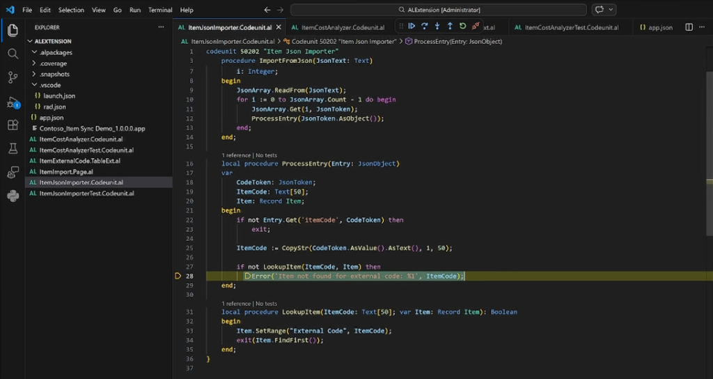 Debugger paused on Error('Item not found for external code: %1', ItemCode) in ProcessEntry procedure.
