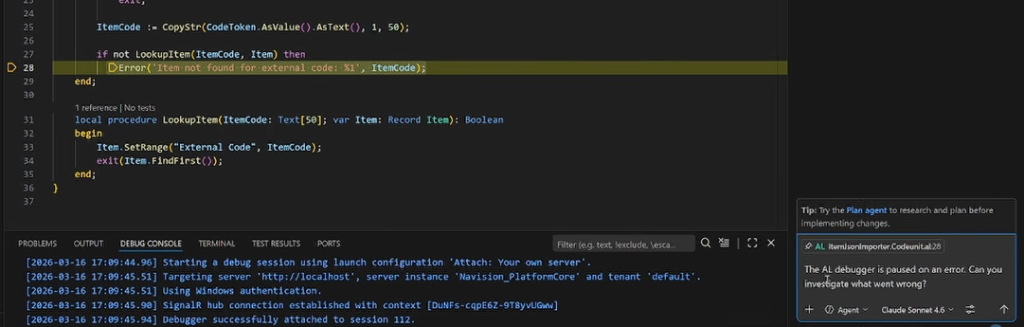 Focused view of the failing Error line with debugger output and Copilot prompt to investigate.