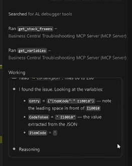 Copilot debug panel showing MCP calls get_stack_frames and get_variables with inspected values.