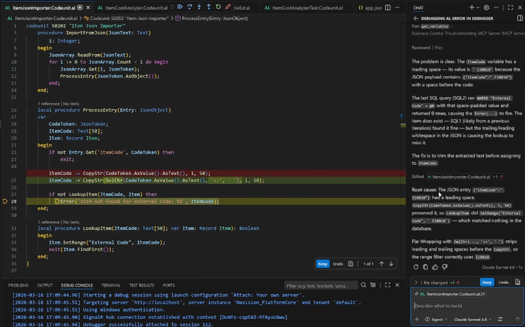 Copilot explanation and proposed code fix trimming whitespace from itemCode before lookup in AL debugger context.