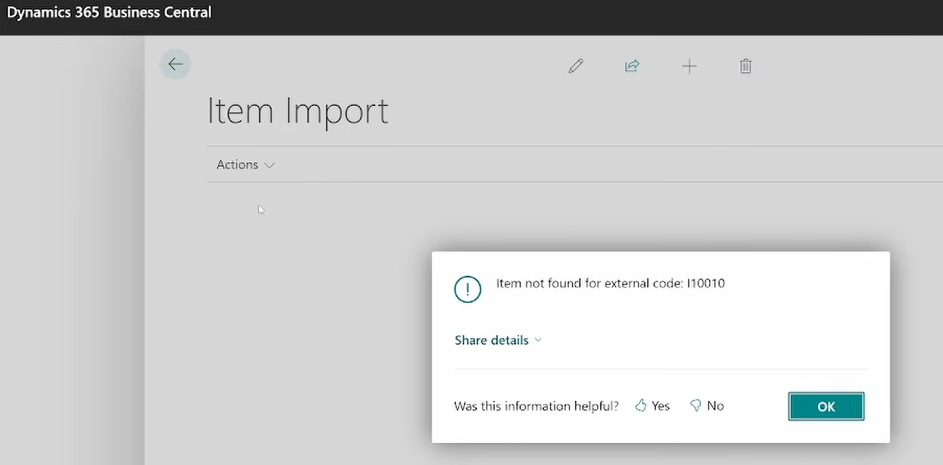 Business Central Item Import page showing error dialog: Item not found for external code I10010.