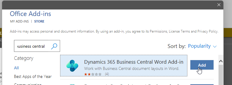Office Add-ins store search results with Dynamics 365 Business Central Word Add-in and Add button.