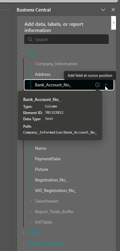 Business Central data picker pane showing Company Information fields and plus button to insert field at cursor.