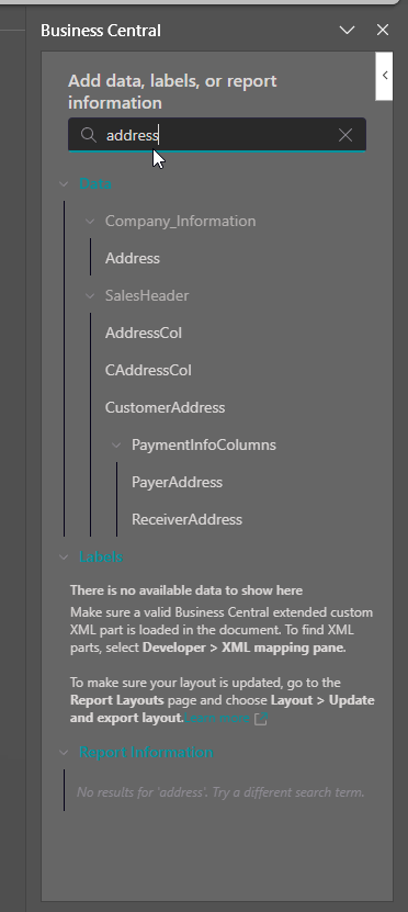 Data picker search for address listing matching report dataset fields.