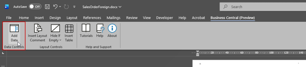 Business Central Preview ribbon in Word highlighting the Add Data control.