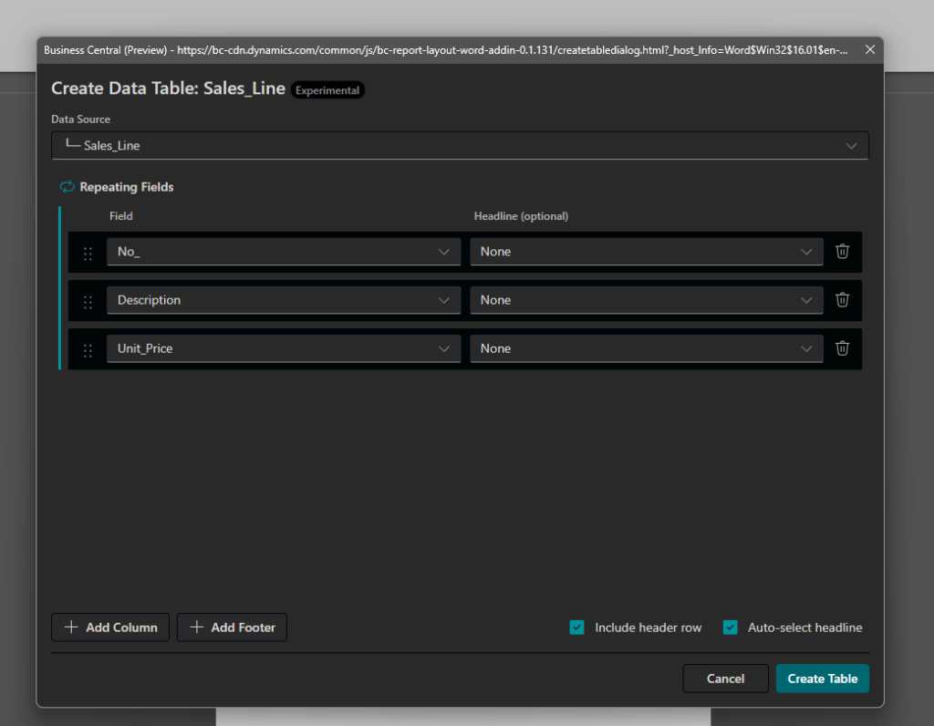 Experimental Create Data Table dialog for Sales_Line with selected repeating fields and create options.