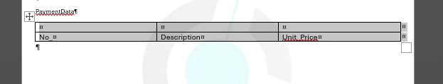 Word document with inserted repeating table row showing Sales_Line columns No_, Description, and Unit_Price.