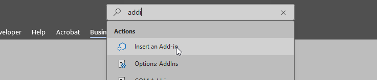 Microsoft Word action search showing Insert an Add-in option.