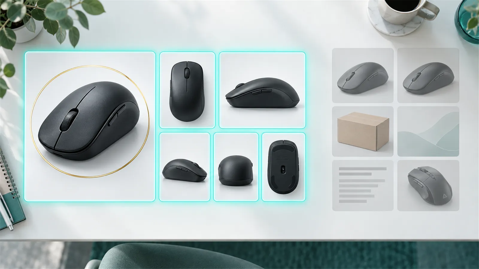AI picture curation for a wireless mouse: a hero image and five distinct angles kept, while duplicates, a box photo, a logo, a spec sheet and a different model are set aside.