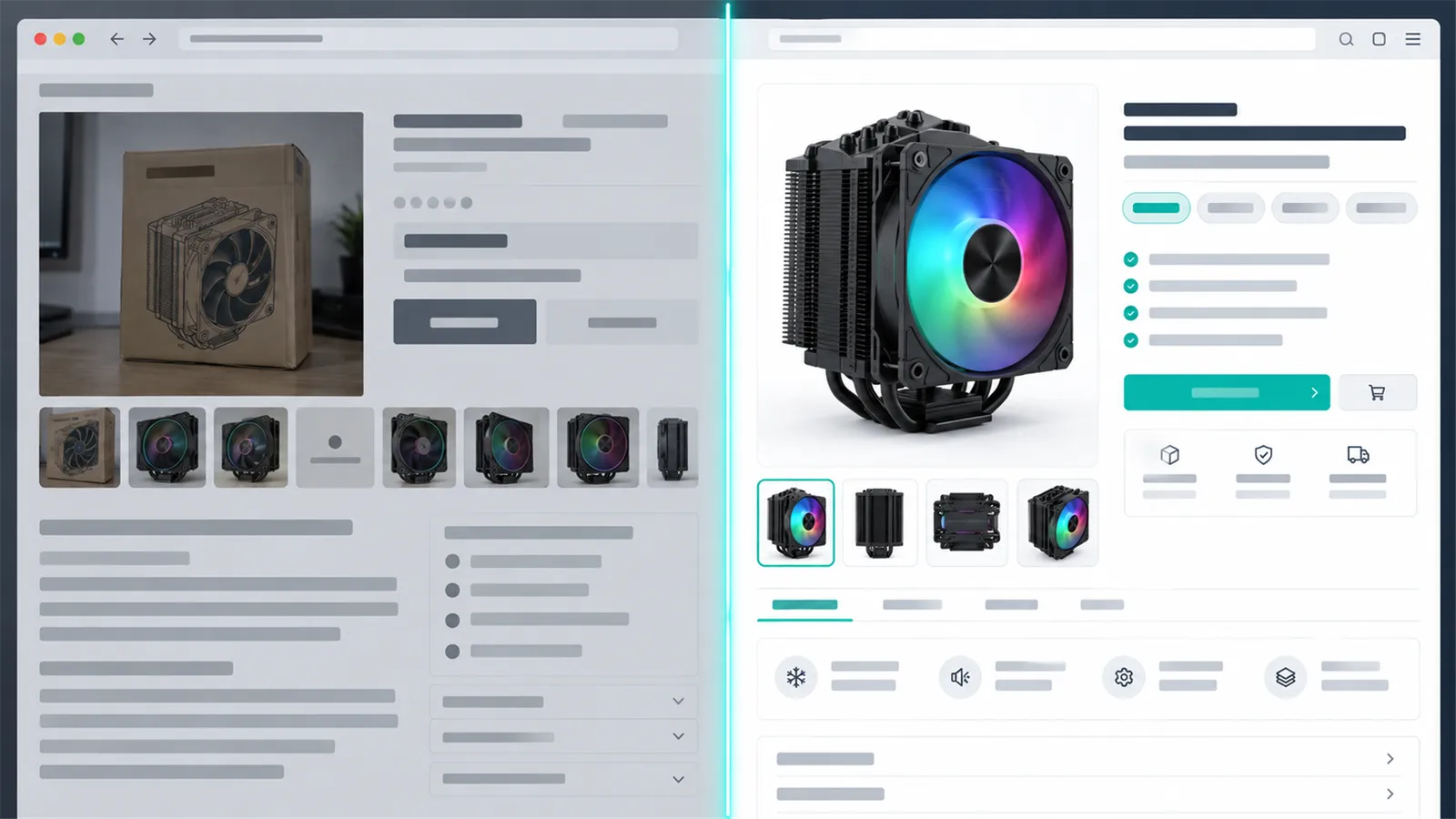 Before and after of the same CPU cooler product page: a box photo and duplicate thumbnails on the left, a sharp hero image, a curated gallery and structured content on the right.