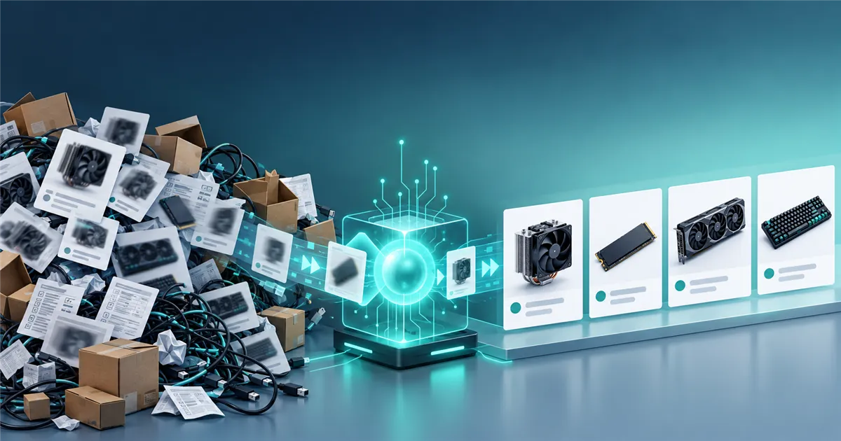 Messy distributor product data, duplicate photos and boxes, flowing through an AI core and coming out as clean, uniform web shop product cards.